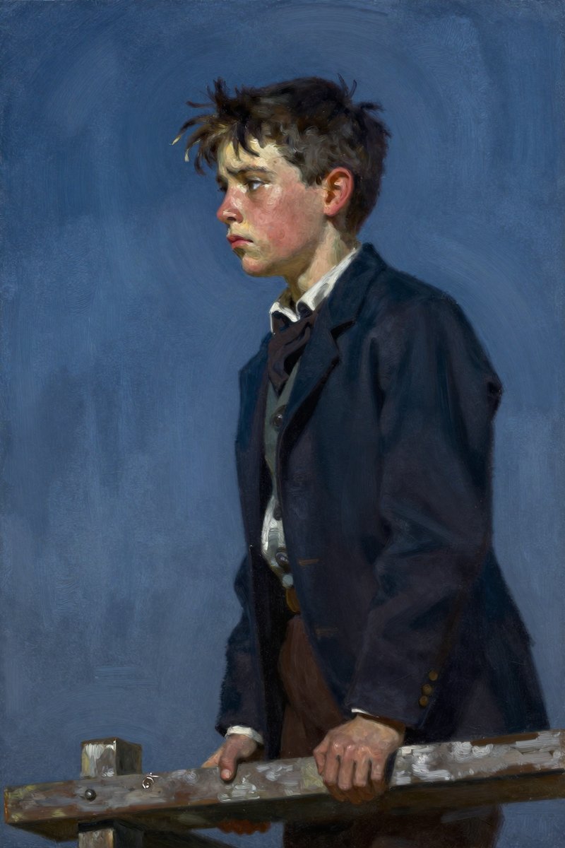 A young thirteen-year-old boy with a gaunt face and downturned lips, his dark hair falling into his eyes, stands nervously on the scaffold.