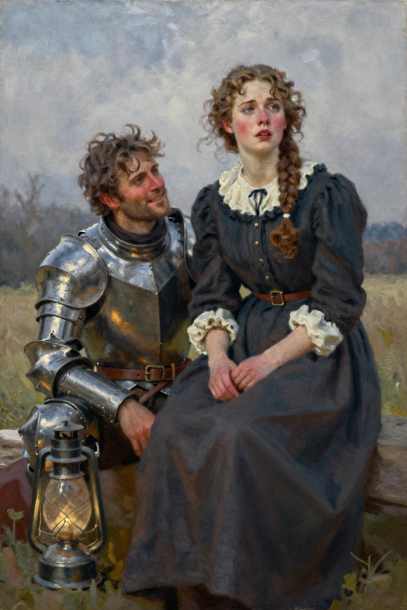 A young woman of about twenty with curly light brown hair, radiant face, tall graceful build, gray-blue eyes, fair complexion, her face tight with fear, looking away from.