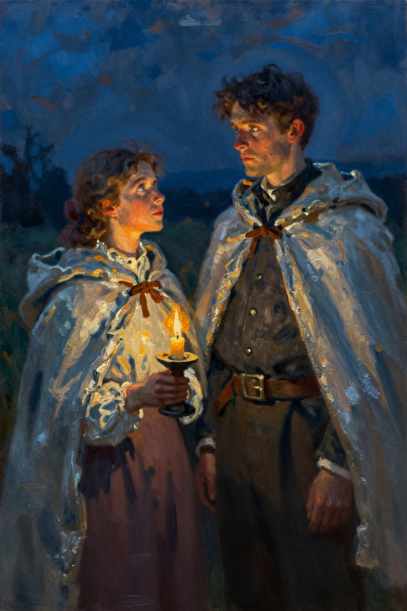 She wears a cloak that falls softly around her shoulders, and her fair complexion glows warmly in the soft candlelight.