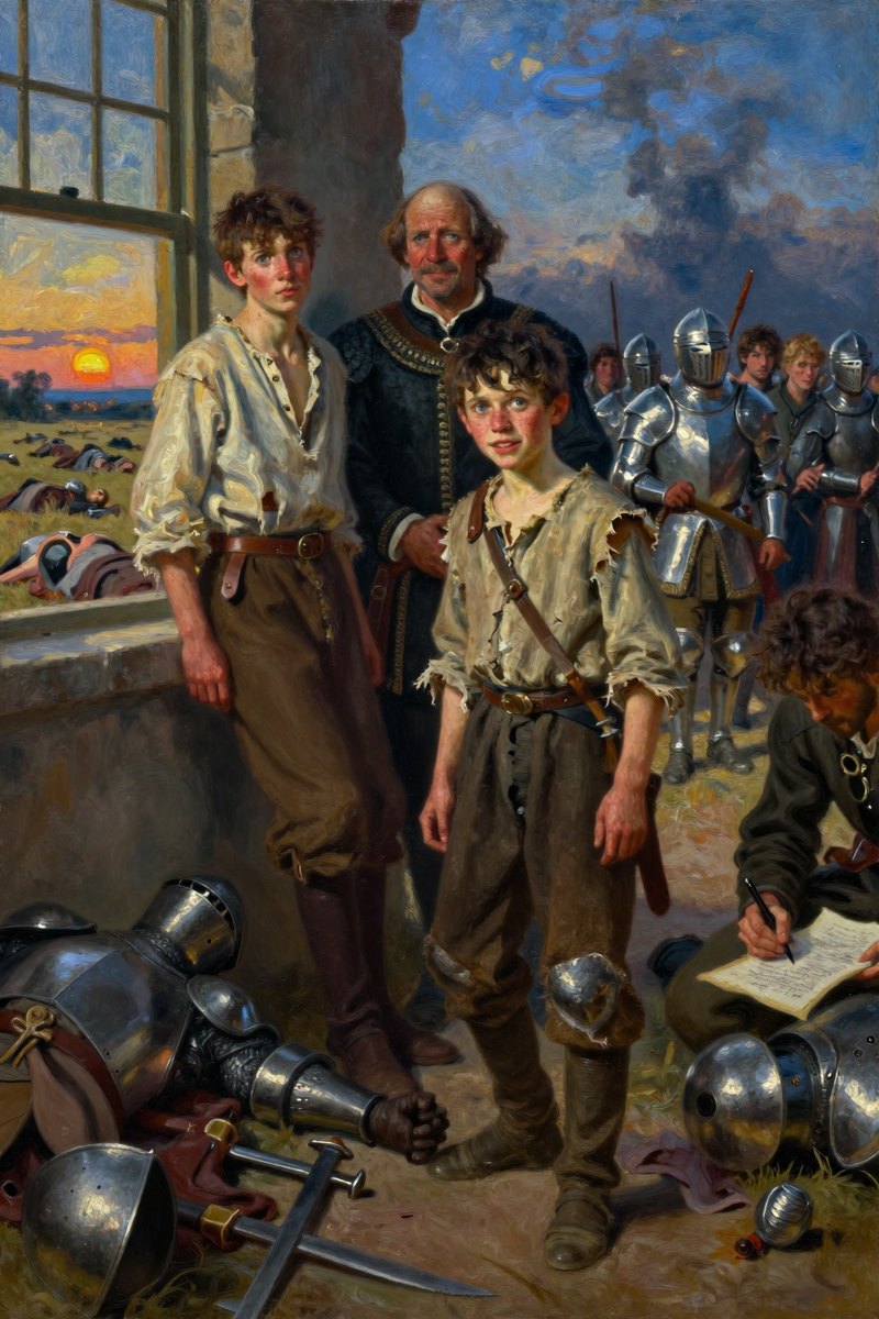 A thirteen-year-old boy with a gaunt face, dark hair falling into his eyes, wearing tattered clothing, slight build, lightly freckled complexion, his face lit with mischief, eyes on.