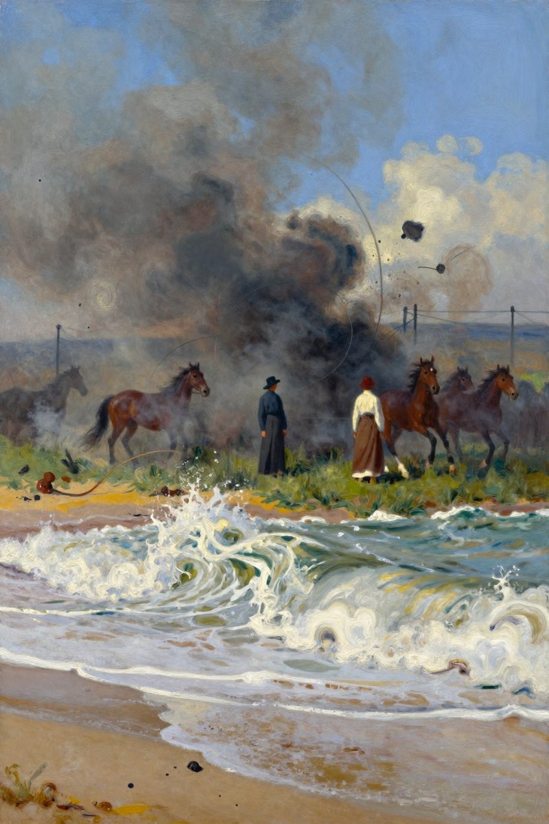 A vast horse-shoe wave rushes towards the shore, its crest towering over a yellow sand-belt.