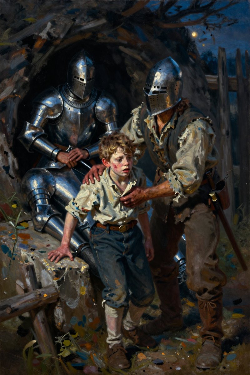 A young boy with a gaunt face and downturned lips, pale from fear, climbs over the ramparts of dead knights alongside an older man in tattered clothing.