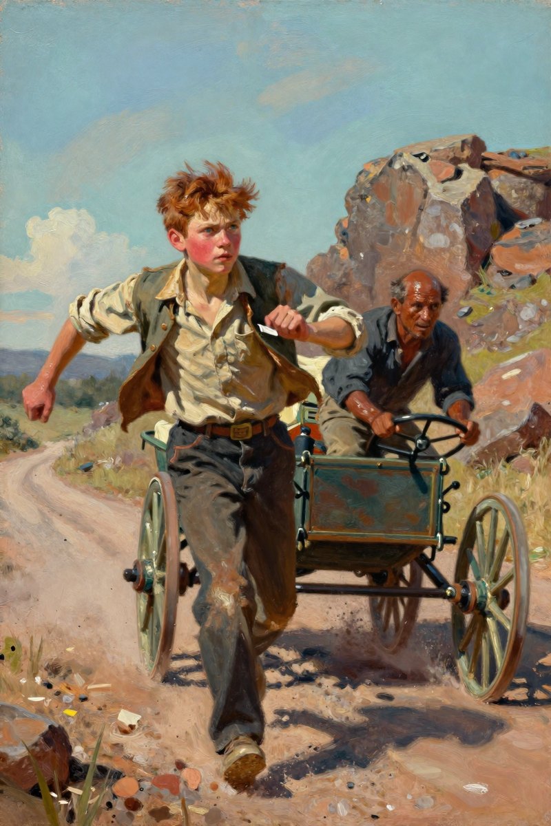 A thirteen-year-old boy, with wild chestnut hair, slight build, gray-blue eyes, rosy fair complexion, his face hard with anger, looking into the distance.