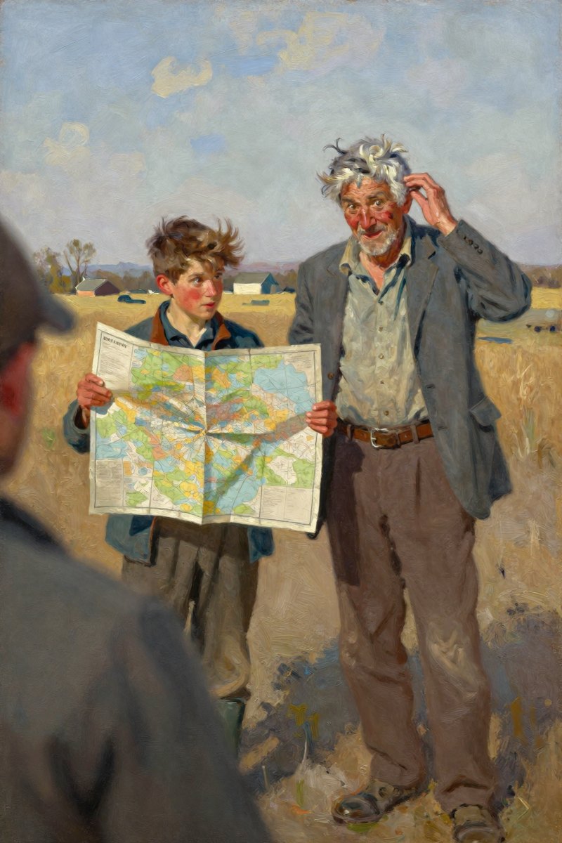 Beside him, an old man with gray hair and a weather-beaten face slaps his leg in delight, his brown eyes wide with amusement.