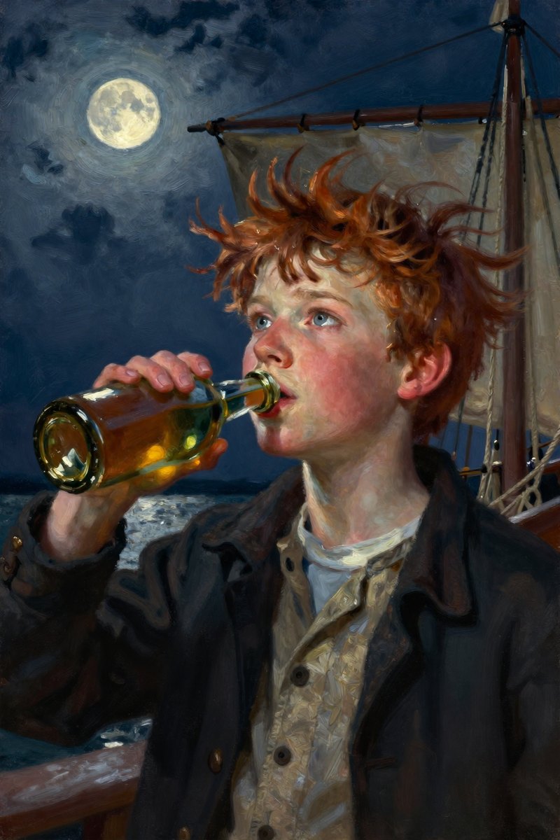 A thirteen-year-old boy, with wild chestnut hair, a determined face, slight build, gray-blue eyes, rosy fair complexion stands on the deck, his wild chestnut hair tousled by a.