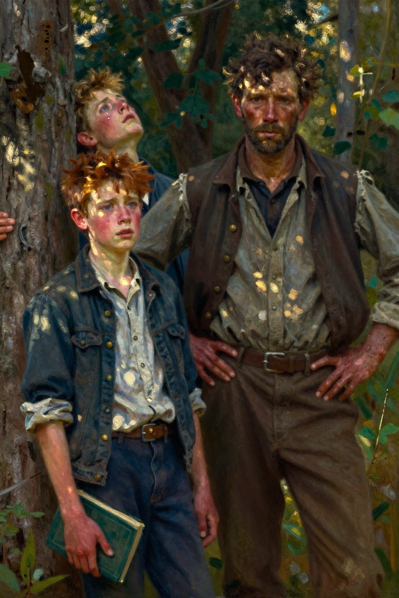 A thirteen-year-old boy, with wild chestnut hair, slight build, gray-blue eyes, rosy fair complexion, his face tight with fear, looking away from the viewer.