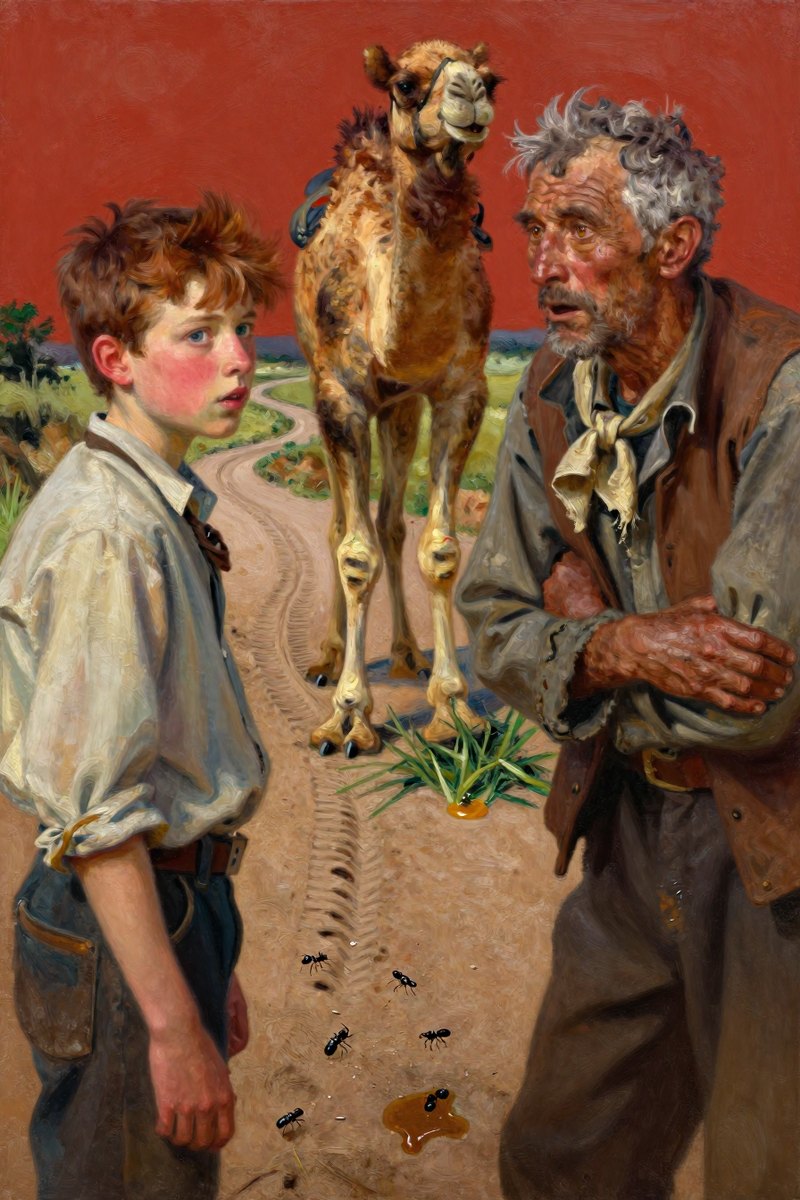 A thirteen-year-old boy, with wild chestnut hair, slight build, gray-blue eyes, rosy fair complexion, his face lit with mischief, looking toward the other figure.