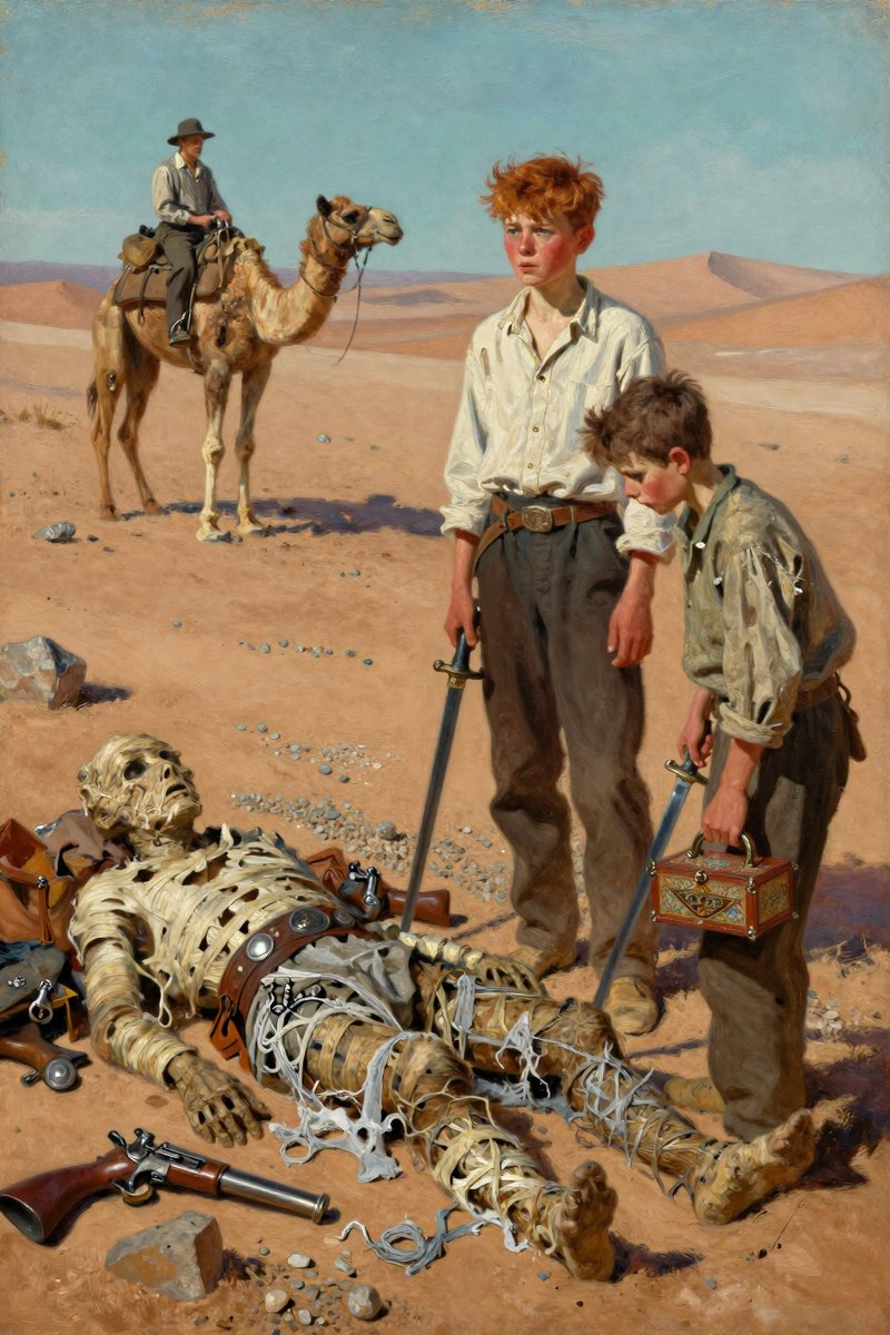A thirteen-year-old boy, with wild chestnut hair, slight build, gray-blue eyes, rosy fair complexion, his face tight with fear, gazing off to one side.