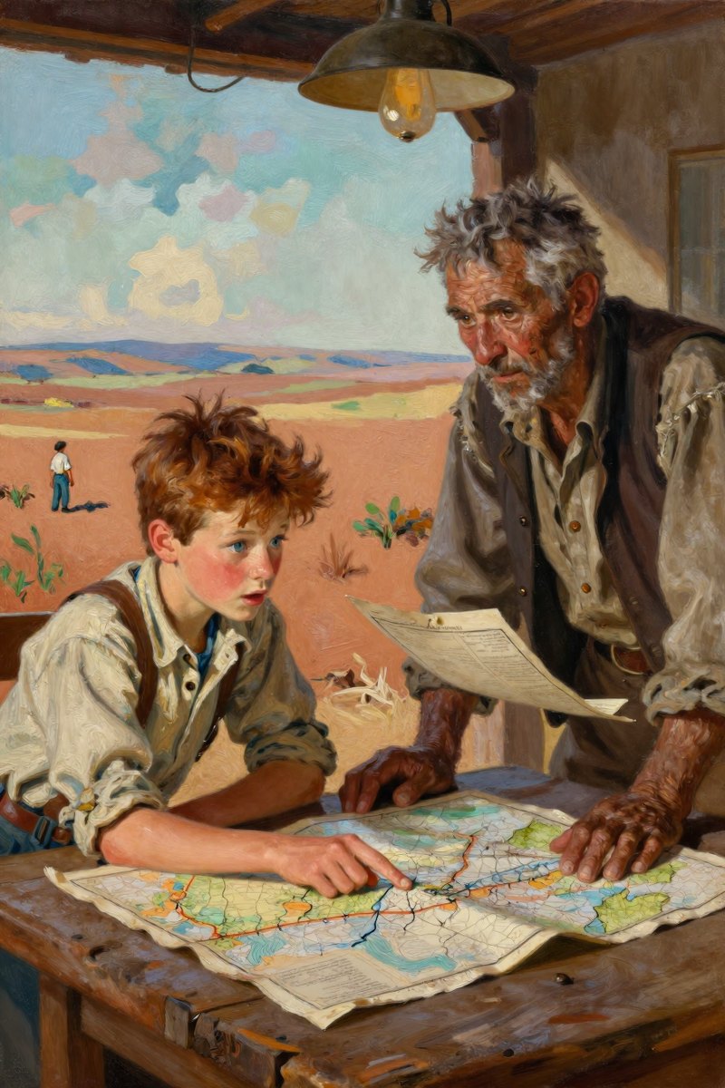 A thirteen-year-old boy, with wild chestnut hair, slight build, gray-blue eyes, rosy fair complexion, his face open with wonder, looking toward the other figure.