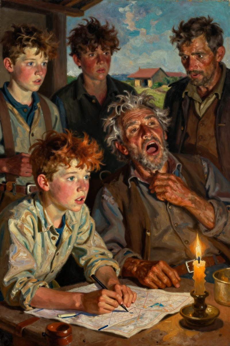 A thirteen-year-old boy, with wild chestnut hair, slight build, gray-blue eyes, rosy fair complexion, his face open with wonder, looking to the side.