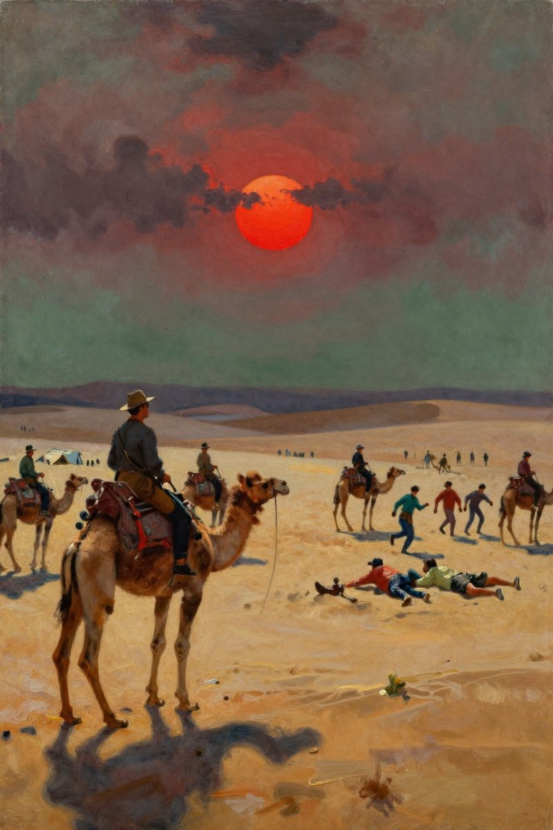 The sun, a blood-red ball, hangs low in the western sky, casting long shadows of camels across the golden sand.