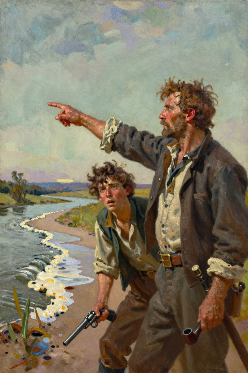 A weathered man with a determined face and wild chestnut hair stands by the shore, his gray-blue eyes narrowed as he points towards the horizon.