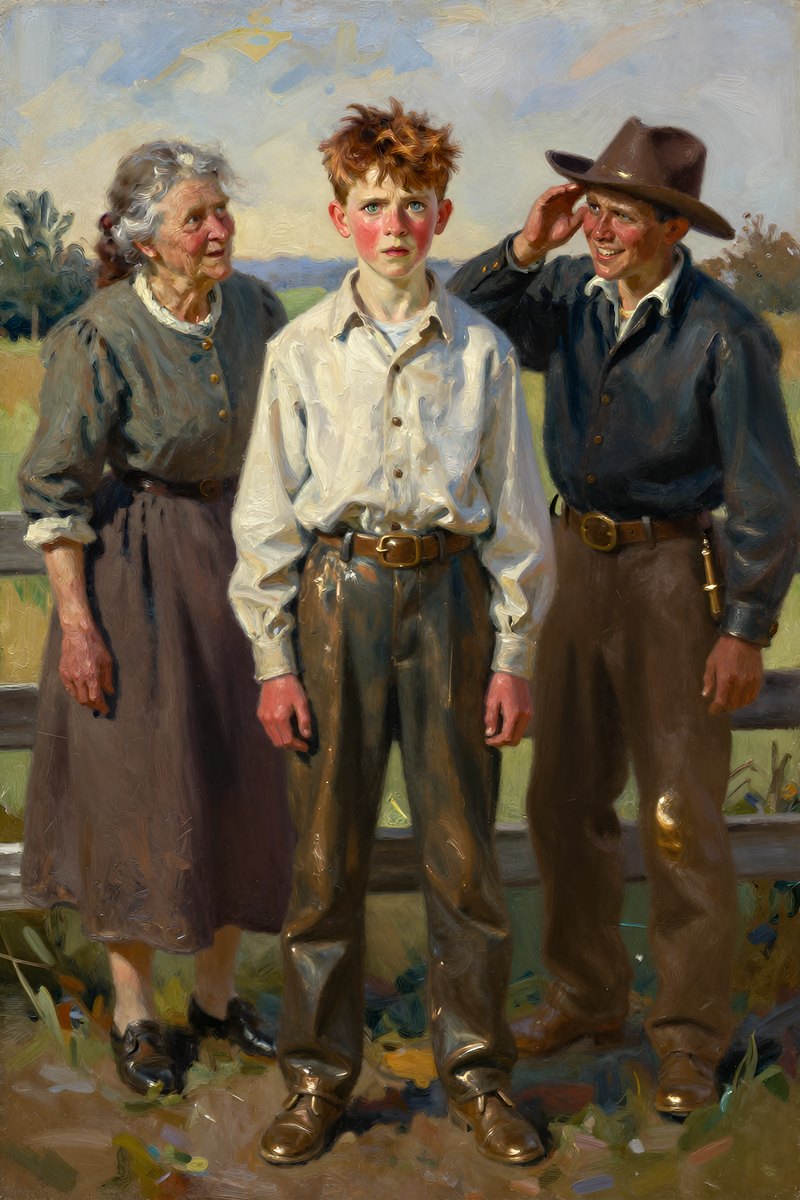 A thirteen-year-old boy, with wild chestnut hair, slight build, gray-blue eyes, rosy fair complexion, his face hard with anger, eyes on the others.