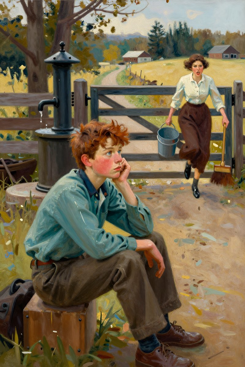 A thirteen-year-old boy, with wild chestnut hair, slight build, gray-blue eyes, rosy fair complexion, his face lit with mischief, looking into the distance.