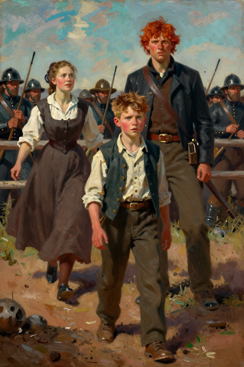 A thirteen-year-old boy, with wild chestnut hair, slight build, gray-blue eyes, rosy fair complexion, his face hard with anger, looking away from the viewer.