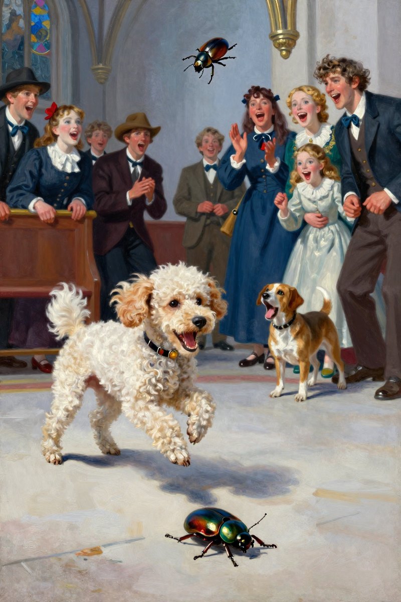 A poodle with a wary expression jumps at a beetle from every point of a circle, its fore-paws barely missing the creature by an inch.