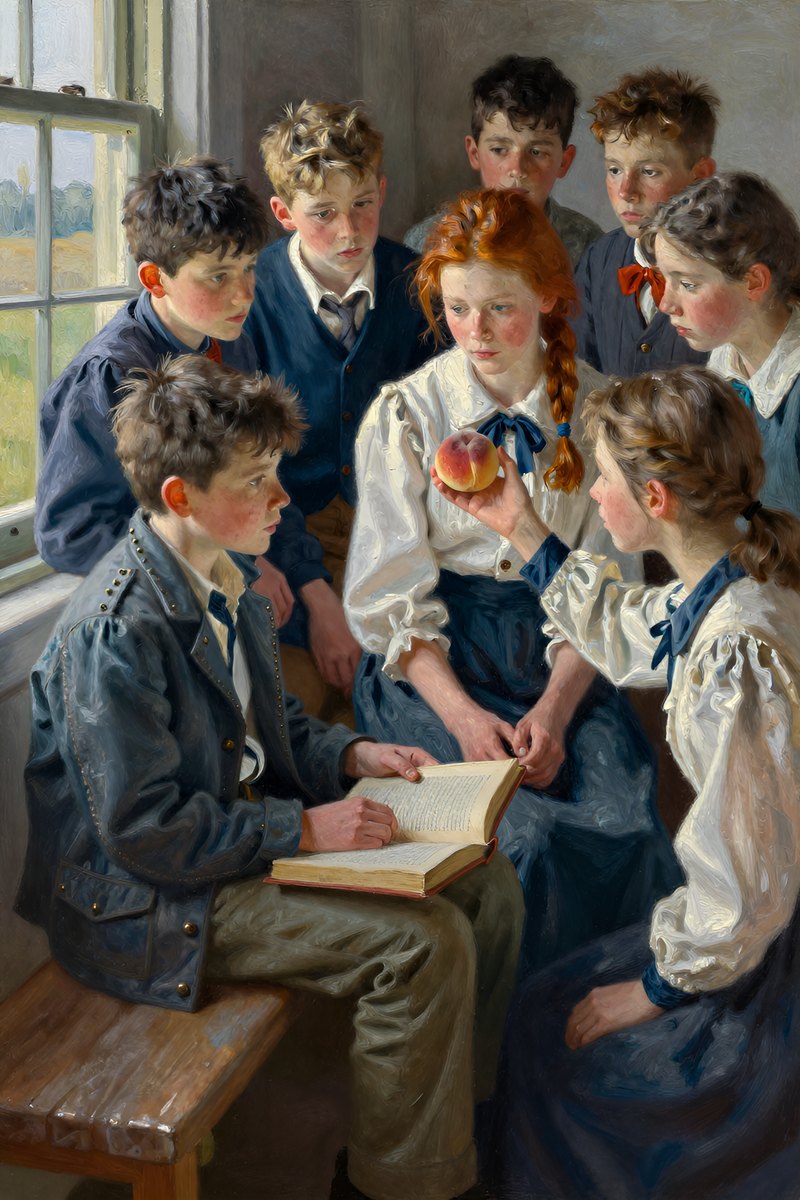 A twelve-year-old boy, slightly built, short dark hair, wears a jacket with large needles on the lapels, brown eyes, lightly freckled complexion, turned toward the group.