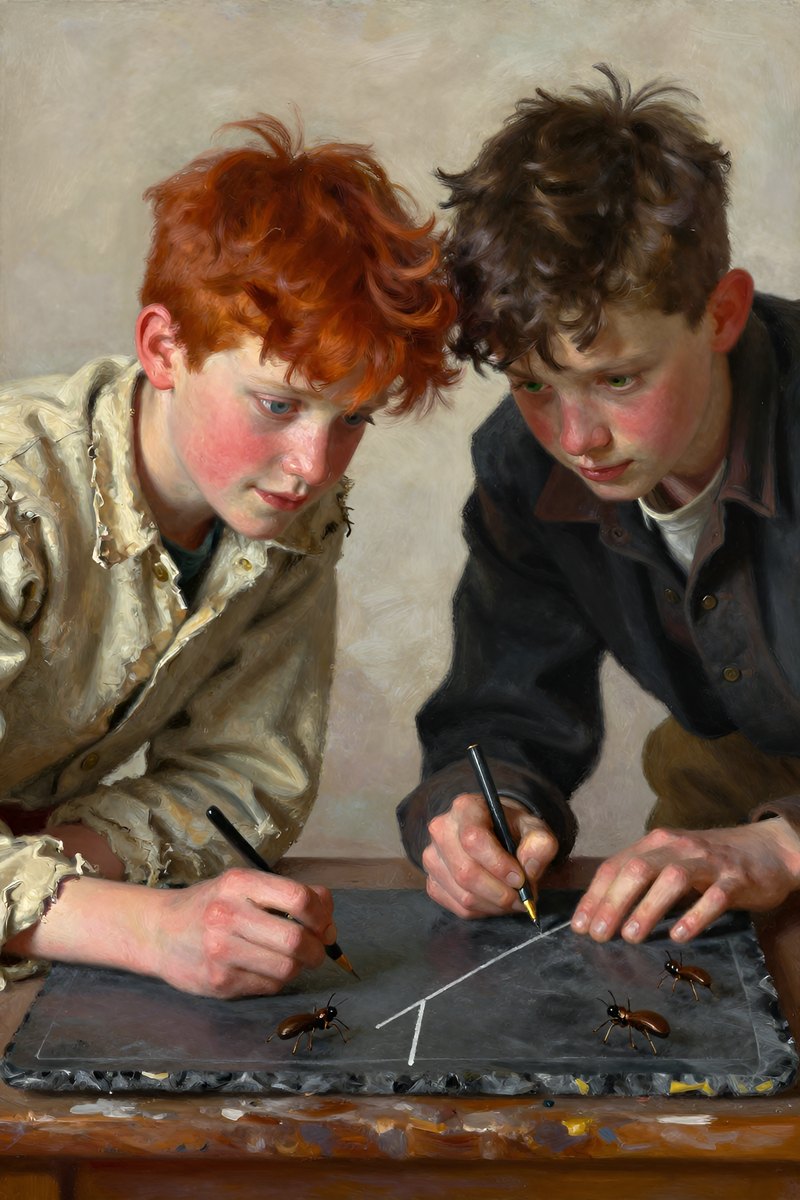 A thirteen-year-old boy, with wild chestnut hair, slight build, gray-blue eyes, rosy fair complexion, his face bright with delight, looking away from the viewer.