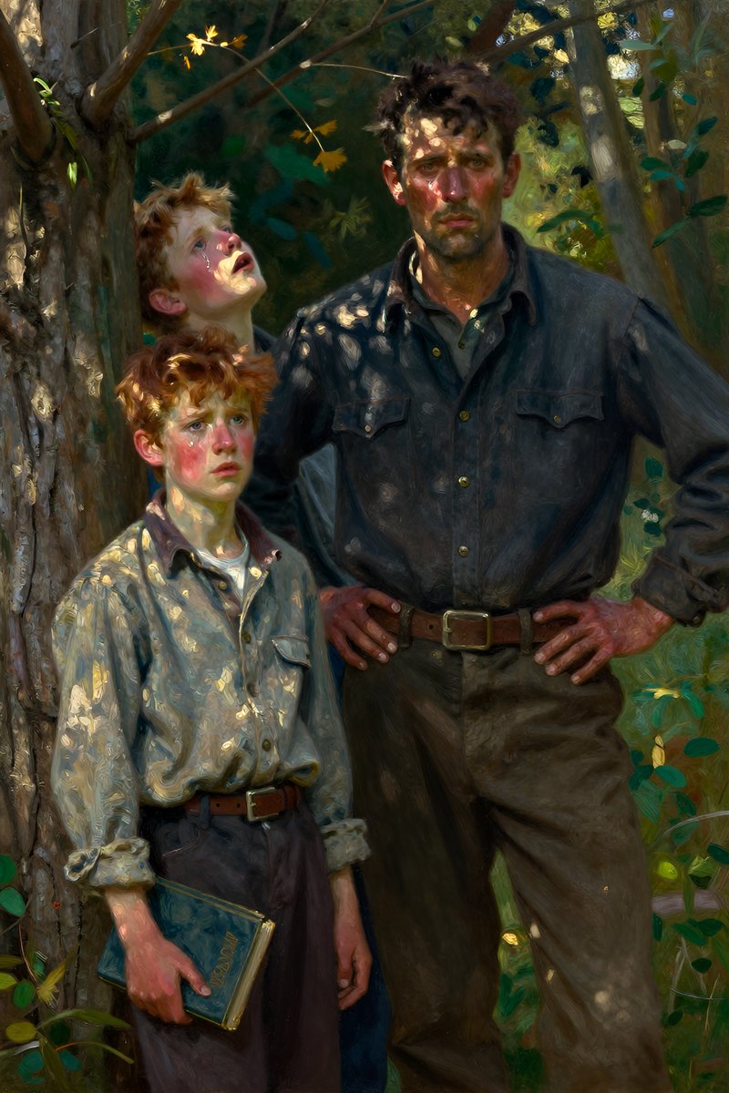 A thirteen-year-old boy, with wild chestnut hair, slight build, gray-blue eyes, rosy fair complexion, his face tight with fear, looking away from the viewer.