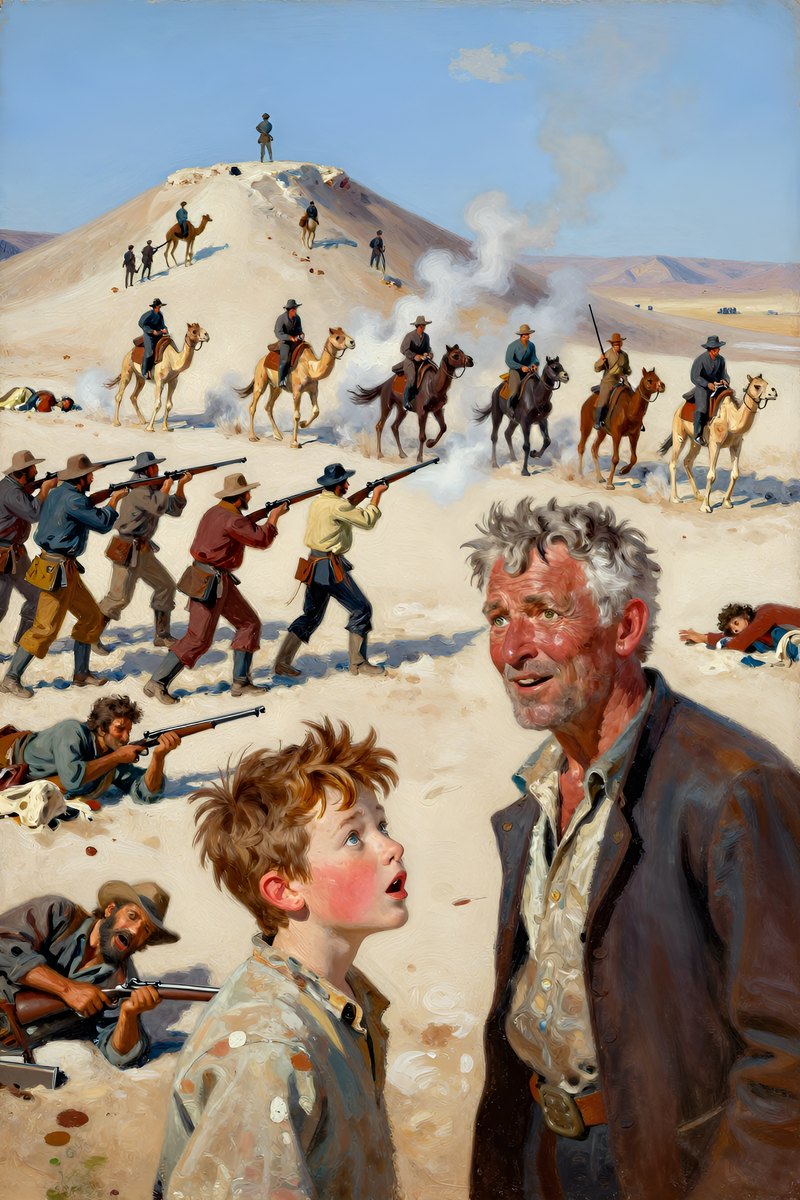 A weathered old man, gray hair and weather-beaten face, stocky build, brown eyes, pale complexion, his face bright with delight, eyes on the others.