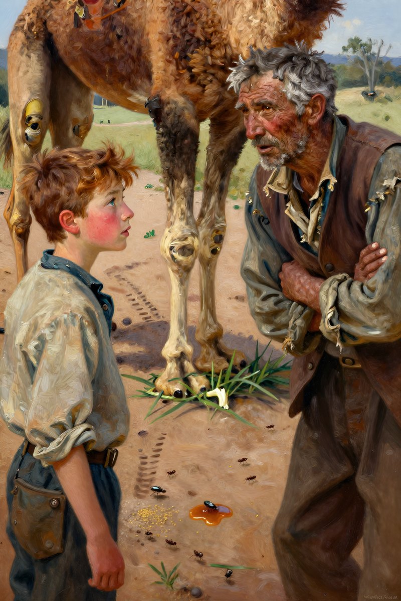 A thirteen-year-old boy, with wild chestnut hair, slight build, gray-blue eyes, rosy fair complexion, his face lit with mischief, looking toward the other figure.