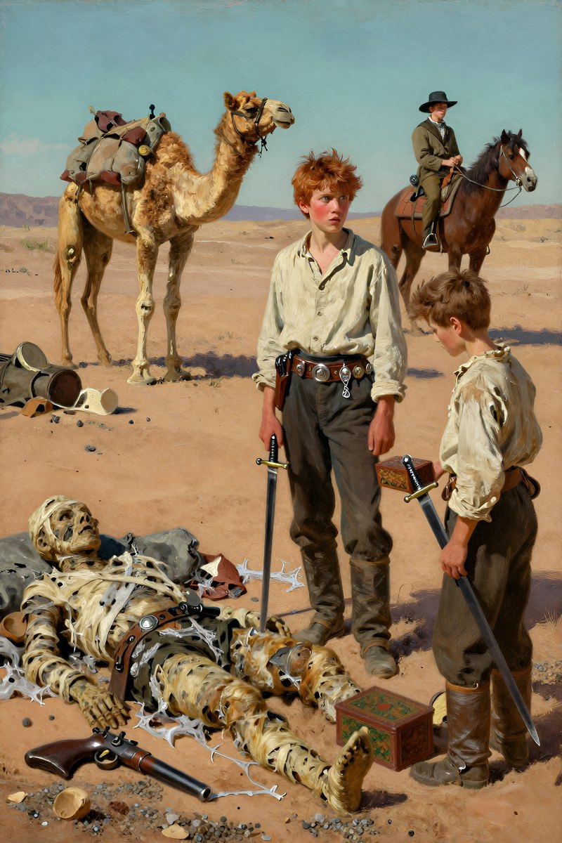 A thirteen-year-old boy, with wild chestnut hair, slight build, gray-blue eyes, rosy fair complexion, his face tight with fear, gazing off to one side.