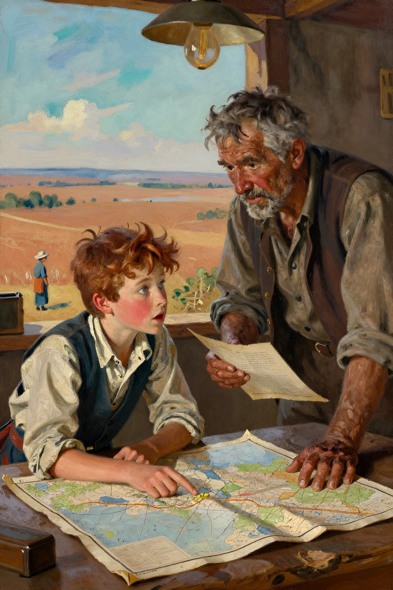 A thirteen-year-old boy, with wild chestnut hair, slight build, gray-blue eyes, rosy fair complexion, his face open with wonder, looking toward the other figure.