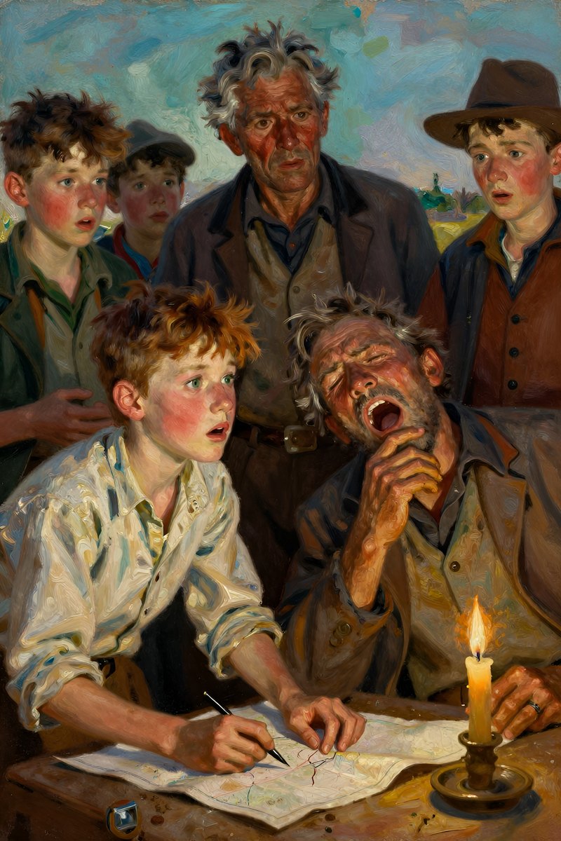 A thirteen-year-old boy, with wild chestnut hair, slight build, gray-blue eyes, rosy fair complexion, his face open with wonder, looking to the side.