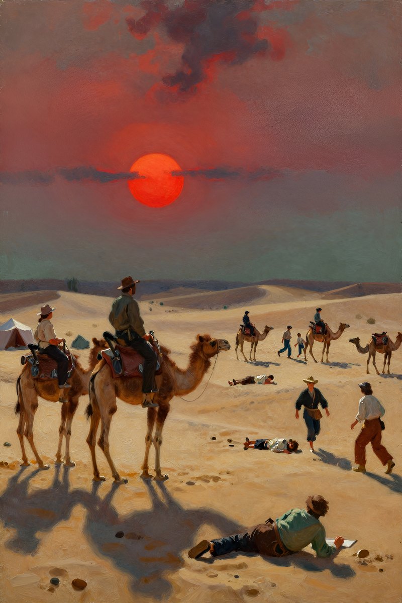The sun, a blood-red ball, hangs low in the western sky, casting long shadows of camels across the golden sand.