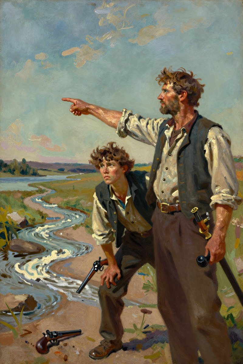 A weathered man with a determined face and wild chestnut hair stands by the shore, his gray-blue eyes narrowed as he points towards the horizon.