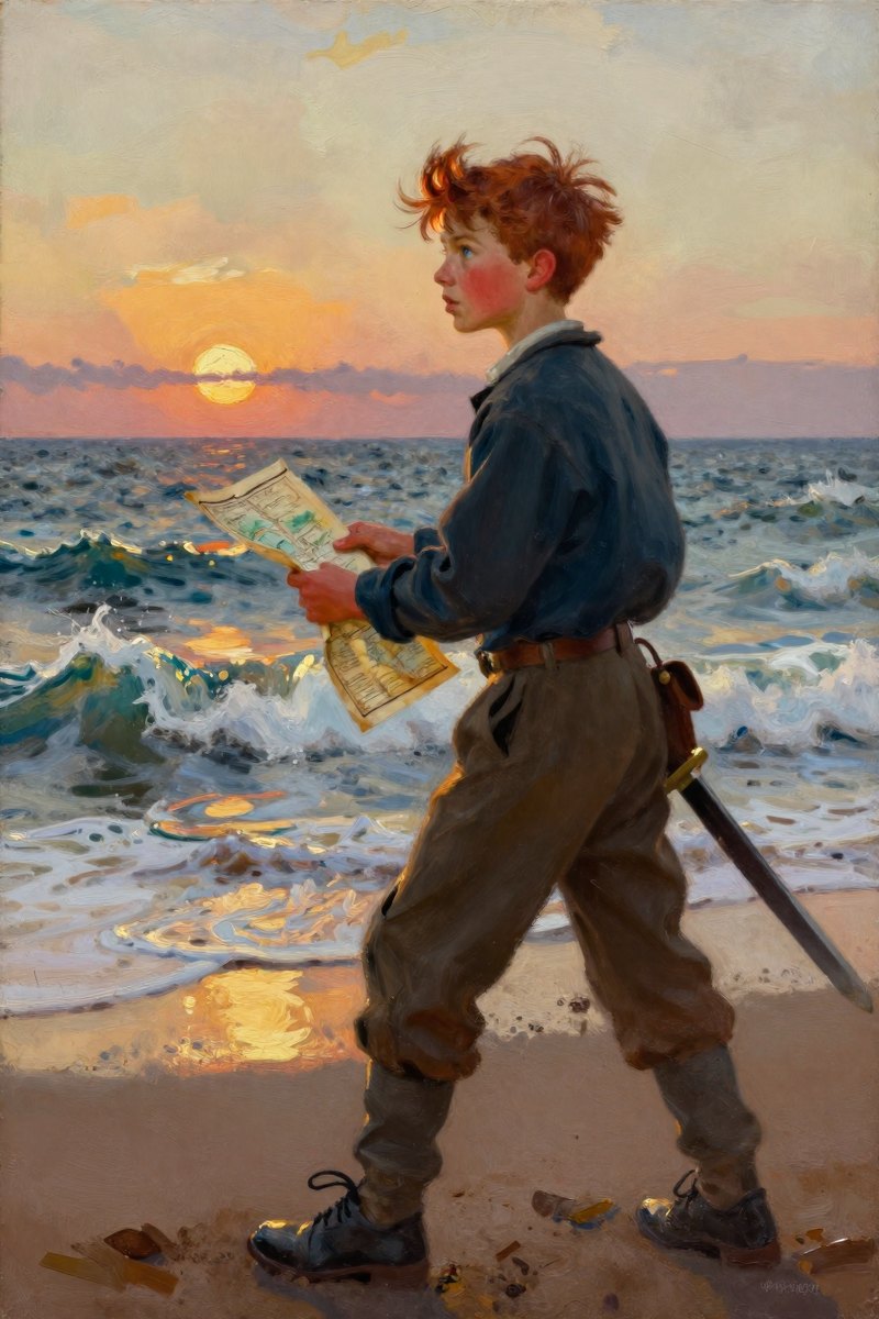 A thirteen-year-old boy, with wild chestnut hair, a determined face, slight build, gray-blue eyes, rosy fair complexion stands at the water's edge, gazing out at the churning sea.