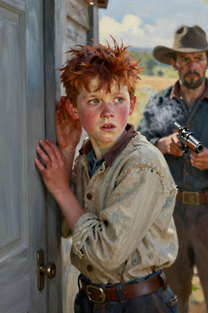 The thirteen-year-old boy stood by the outside door, his ear pressed against it as he listened intently.
