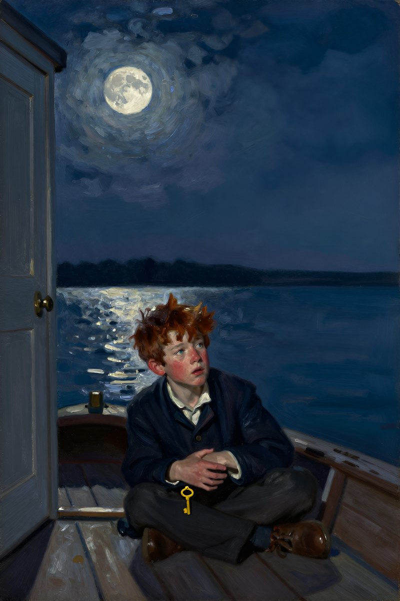 A thirteen-year-old boy, with wild chestnut hair, slight build, gray-blue eyes, rosy fair complexion, his face taut with tension, looking away from the viewer.