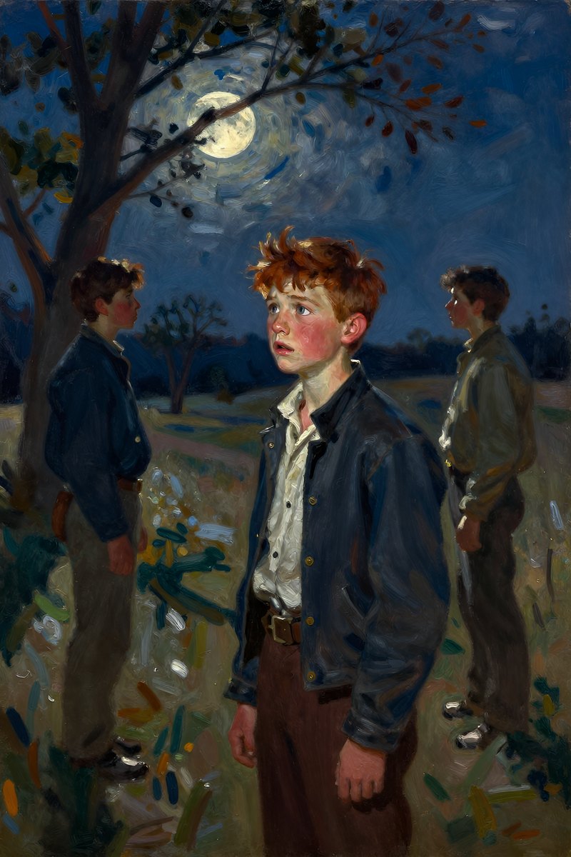A thirteen-year-old boy, with wild chestnut hair, slight build, gray-blue eyes, rosy fair complexion, looking into the distance.