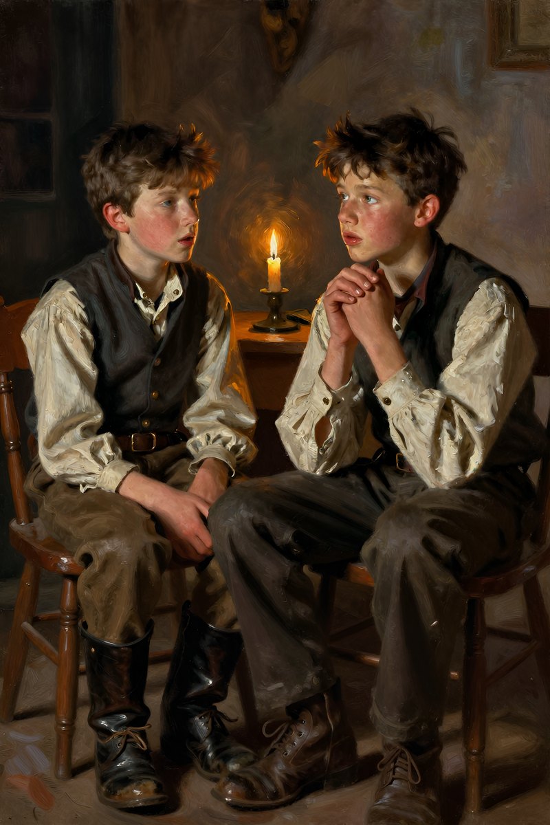 Across from him sits another thirteen-year-old boy, also with tousled brown hair but an earnest expression, hands clasped thoughtfully before him.