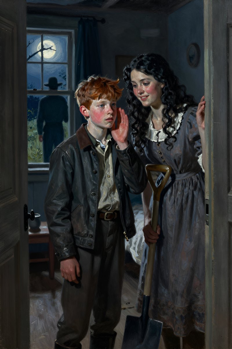 A thirteen-year-old boy, with wild chestnut hair, slight build, gray-blue eyes, rosy fair complexion, his face lit with mischief, eyes on the others.