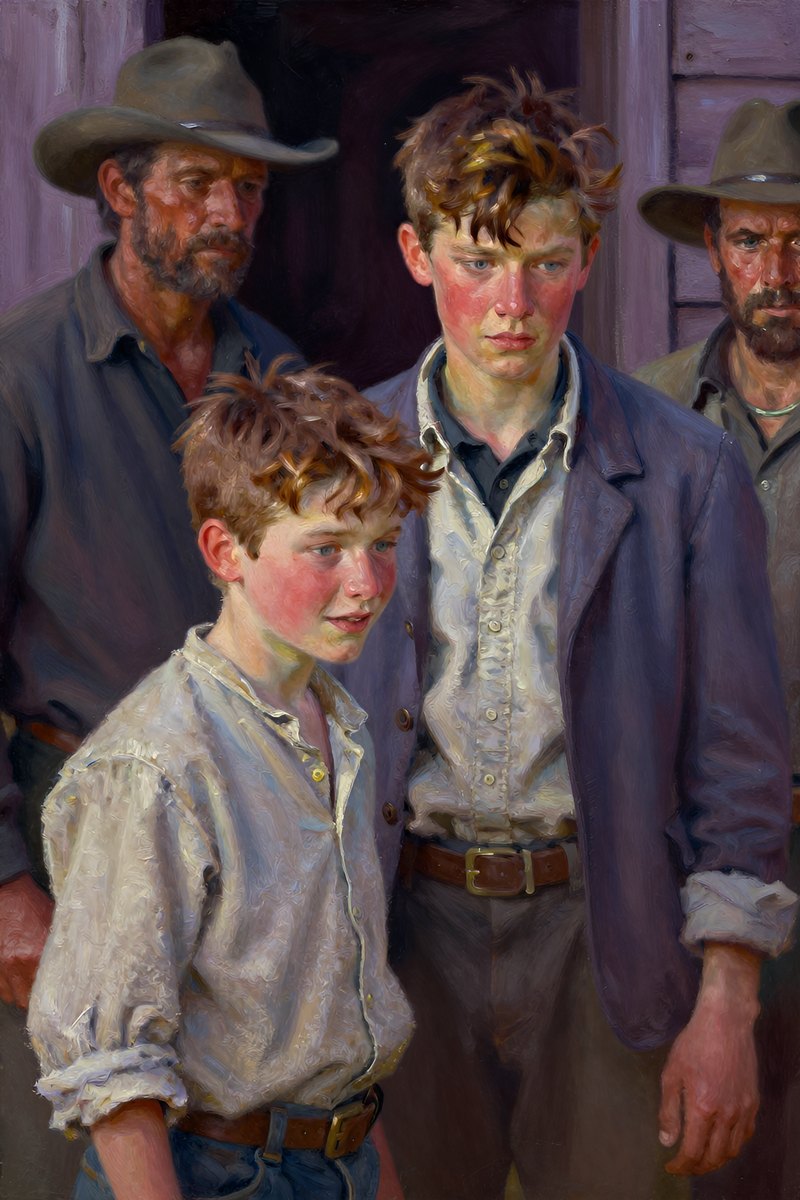 A thirteen-year-old boy, with wild chestnut hair, slight build, gray-blue eyes, rosy fair complexion, his face bright with delight, eyes lowered in thought.