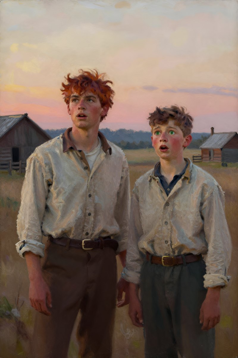 A young man with wild chestnut hair and a determined face, dressed in simple clothing, stands excitedly beside another boy of similar age.