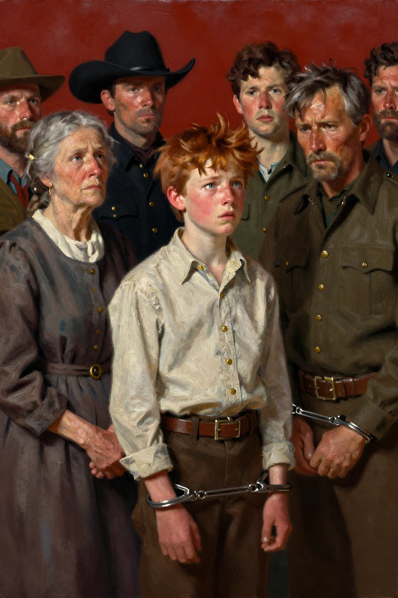 A thirteen-year-old boy, with wild chestnut hair, slight build, gray-blue eyes, rosy fair complexion, his face hard with anger, looking to the side.