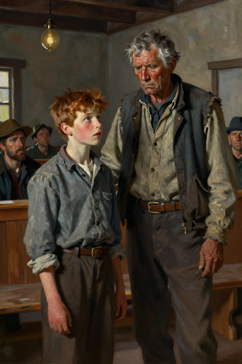 A thirteen-year-old boy, with wild chestnut hair, slight build, gray-blue eyes, rosy fair complexion, his face open with wonder, looking toward the other figure.