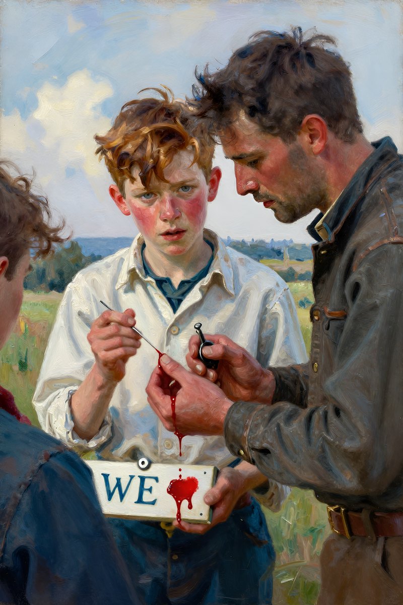 A thirteen-year-old boy, with wild chestnut hair, slight build, gray-blue eyes, rosy fair complexion, his face tight with fear, looking into the distance.