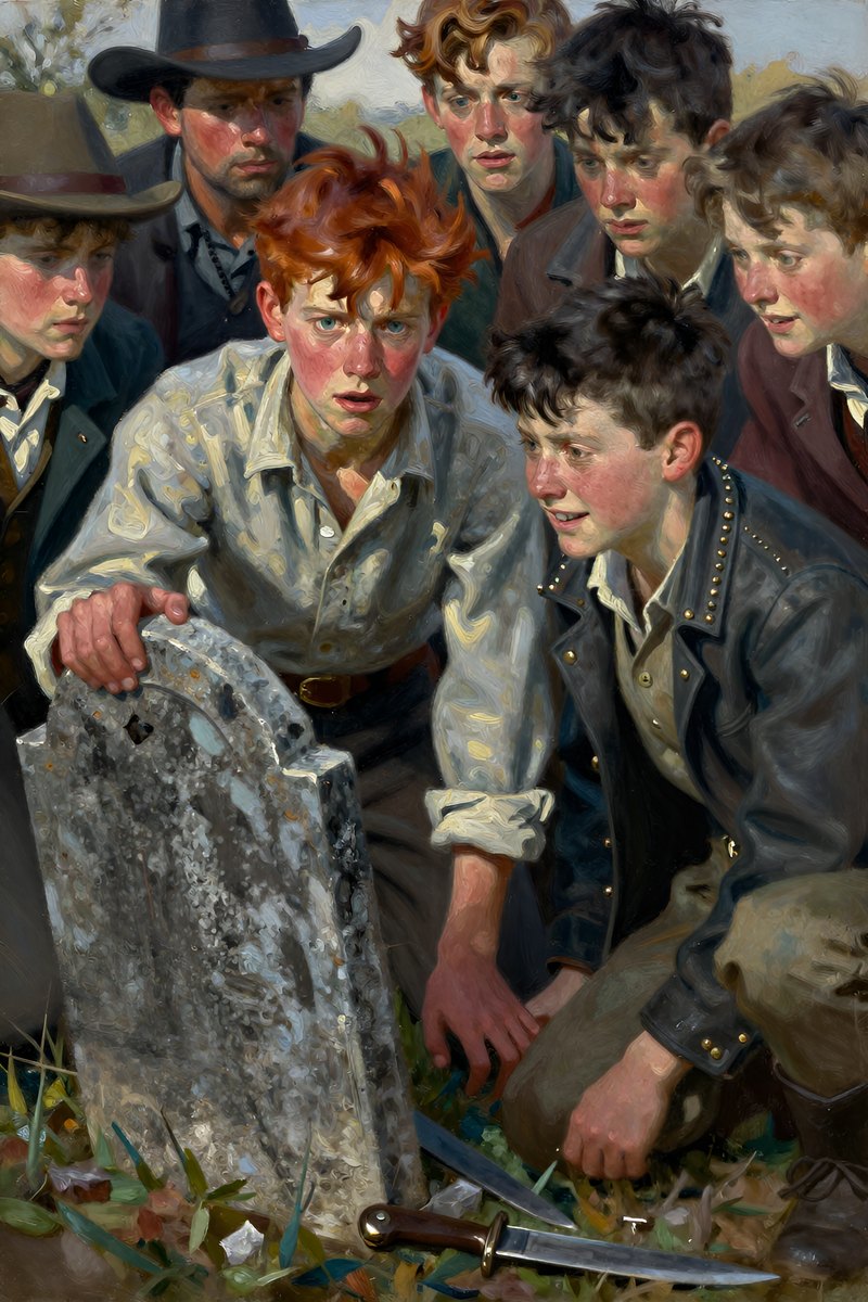 A thirteen-year-old boy, with wild chestnut hair, slight build, gray-blue eyes, rosy fair complexion, his face tight with fear, looking to the side.