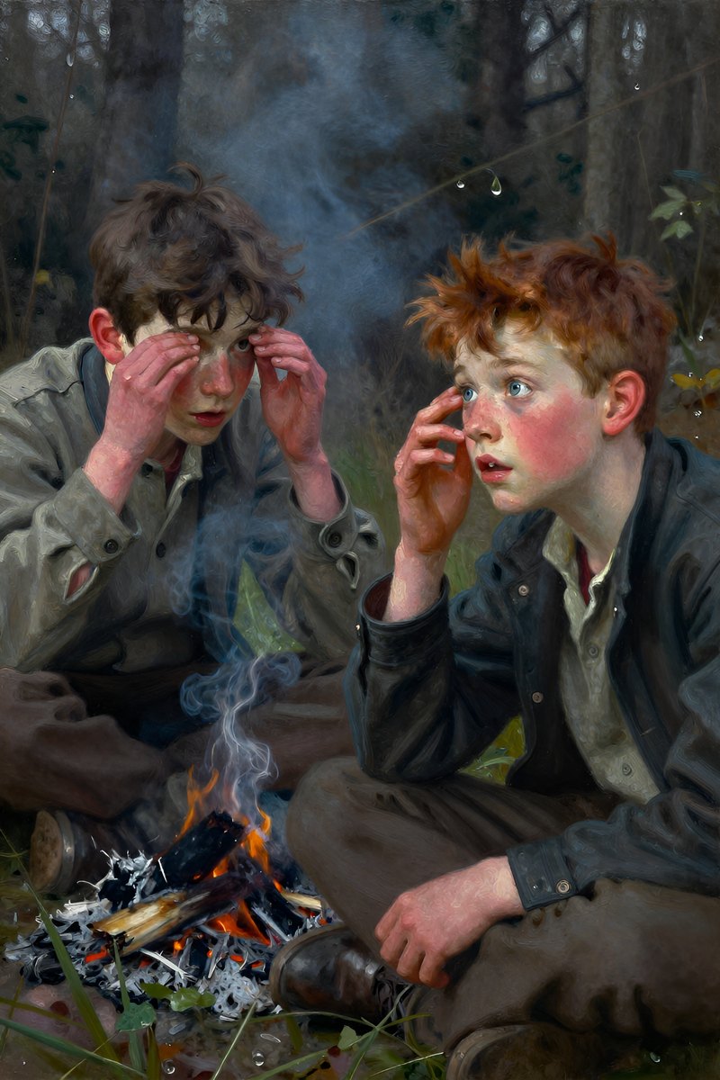 A thirteen-year-old boy, with wild chestnut hair, slight build, gray-blue eyes, rosy fair complexion, his face open with wonder, looking toward the other figure.