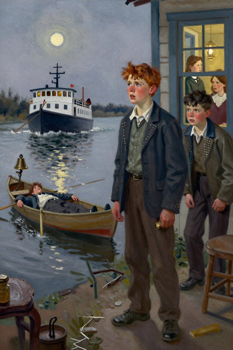 A thirteen-year-old boy, with wild chestnut hair, slight build, gray-blue eyes, rosy fair complexion, his face tight with fear, eyes on the others.