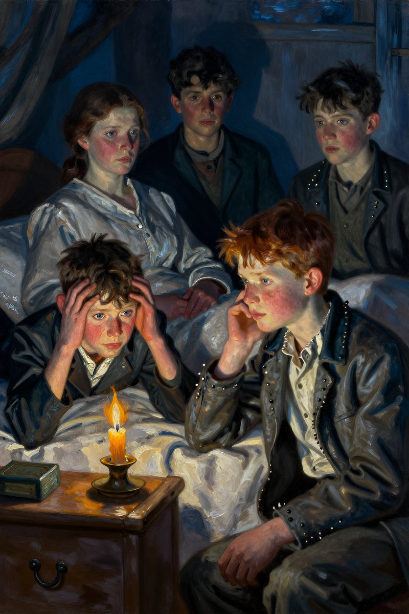 A thirteen-year-old boy, with wild chestnut hair, slight build, gray-blue eyes, rosy fair complexion, his face bright with delight, looking toward the other figure.