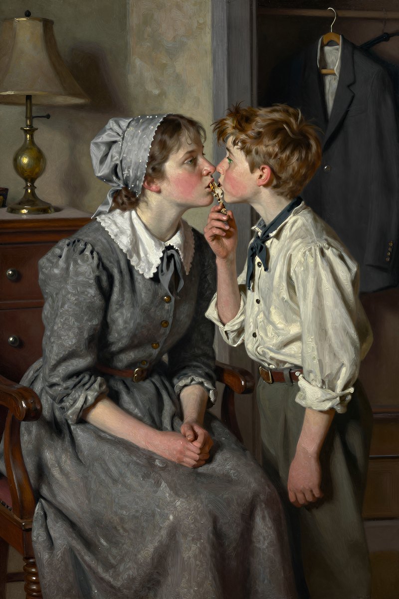 A young woman with a stern face and bonnet sits in an old-fashioned parlor, her eyes narrowing suspiciously as she listens to the thirteen-year-old boy standing before her.