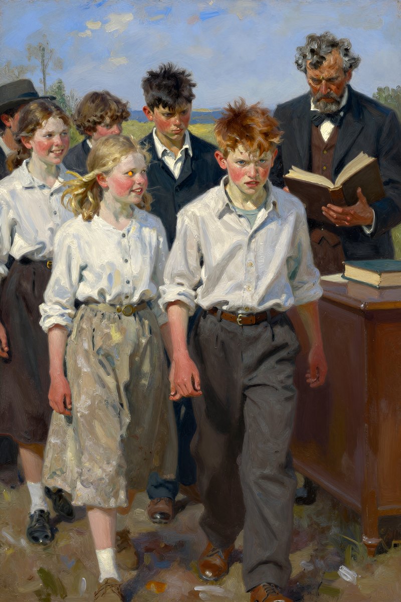 A thirteen-year-old boy, with wild chestnut hair, slight build, gray-blue eyes, rosy fair complexion, his face bright with delight, eyes on the others.