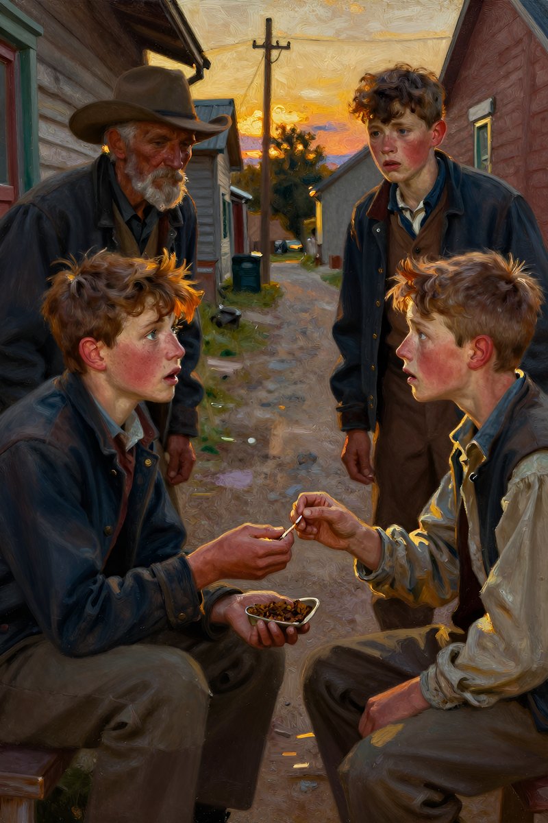A thirteen-year-old boy, with wild chestnut hair, slight build, gray-blue eyes, rosy fair complexion, his face tight with fear, looking into the distance.