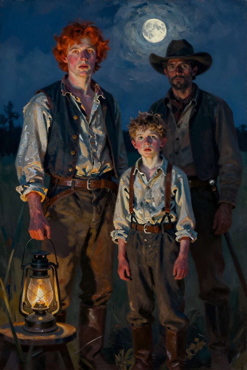 The young mans fiery eyes glowed from within his wild copper red hair, casting a tense shadow over the scene.