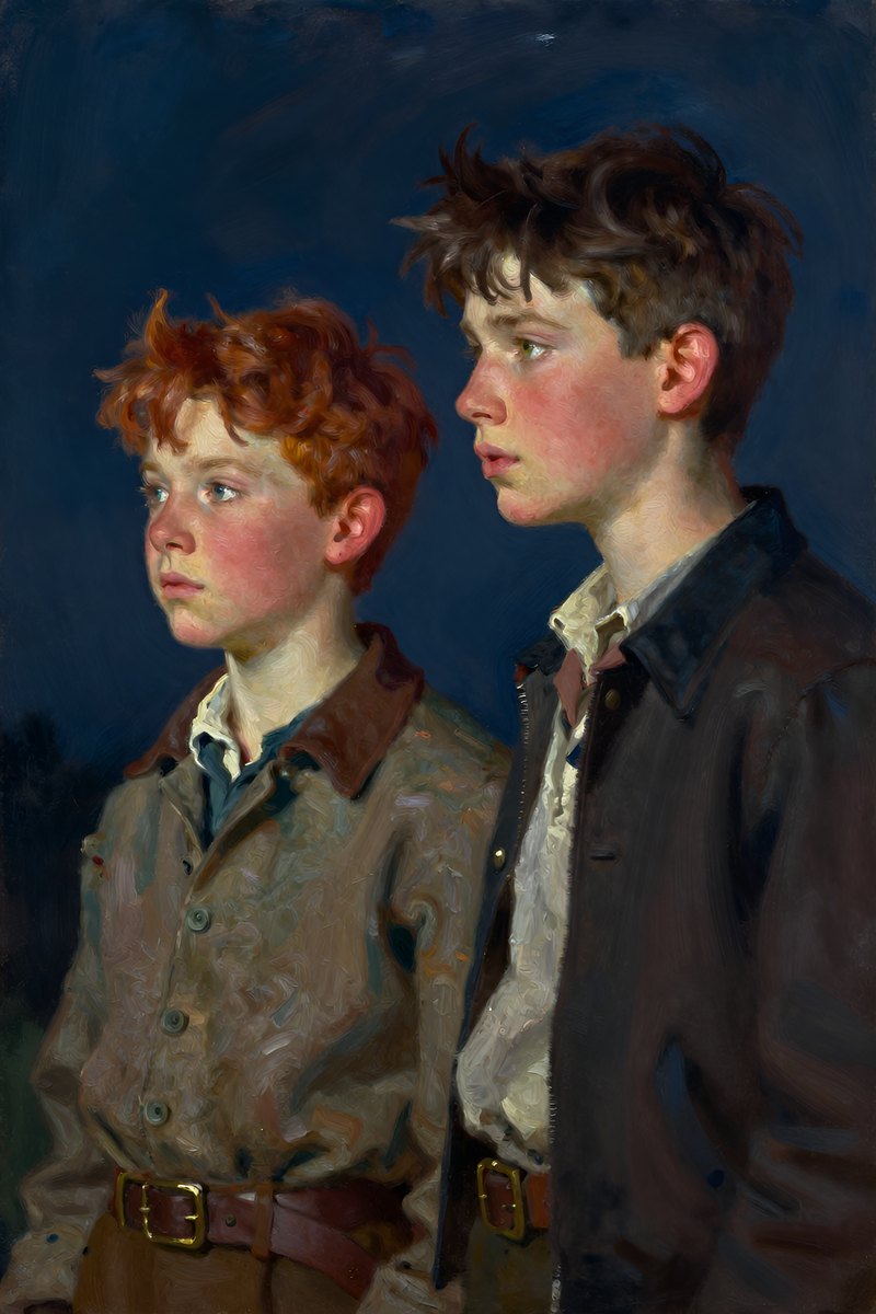 A thirteen-year-old boy, with wild chestnut hair, slight build, gray-blue eyes, rosy fair complexion, looking toward the other figure.